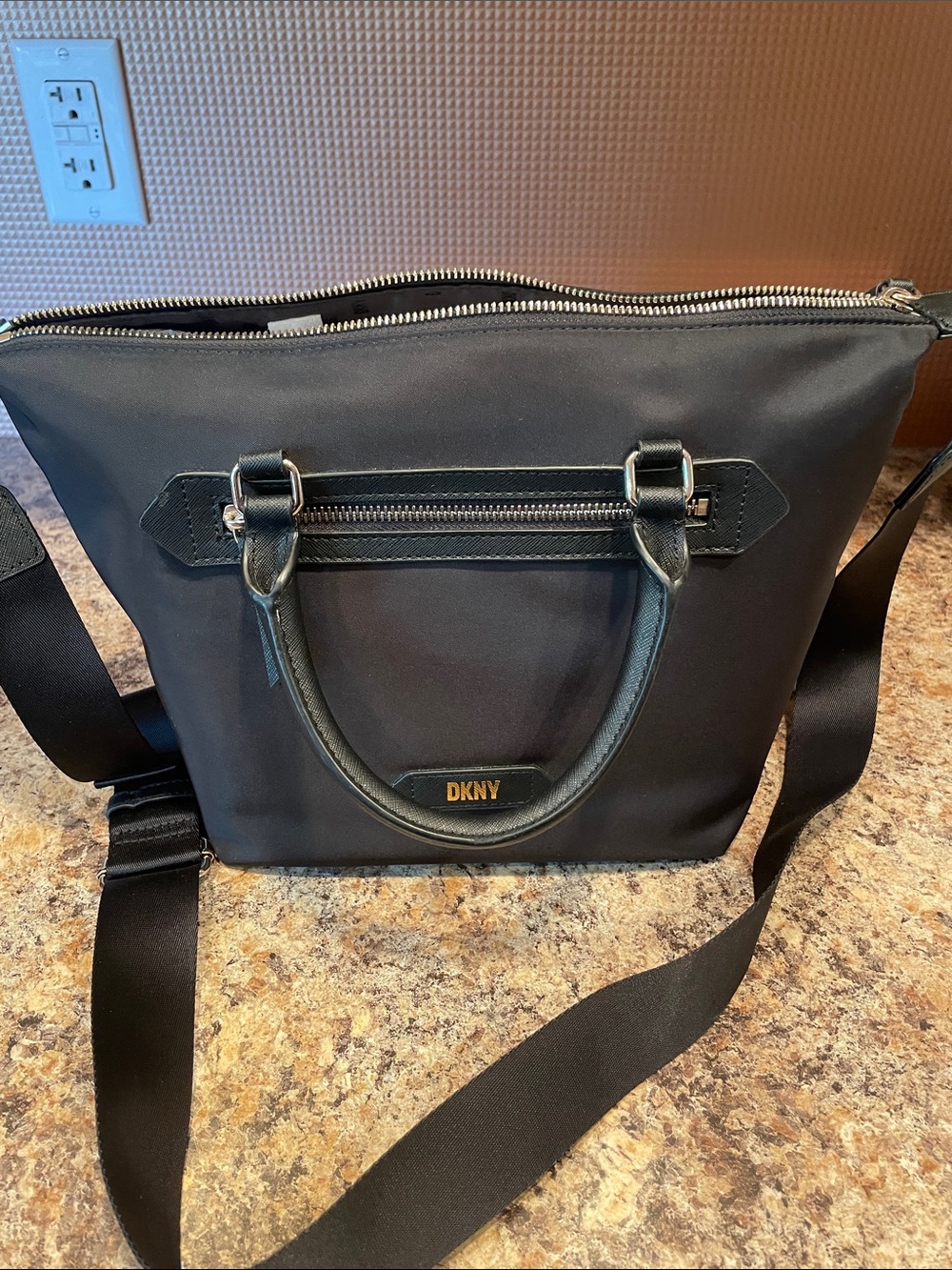DKNY Black Nylon Shoulder Bag with Gold Logo Accent